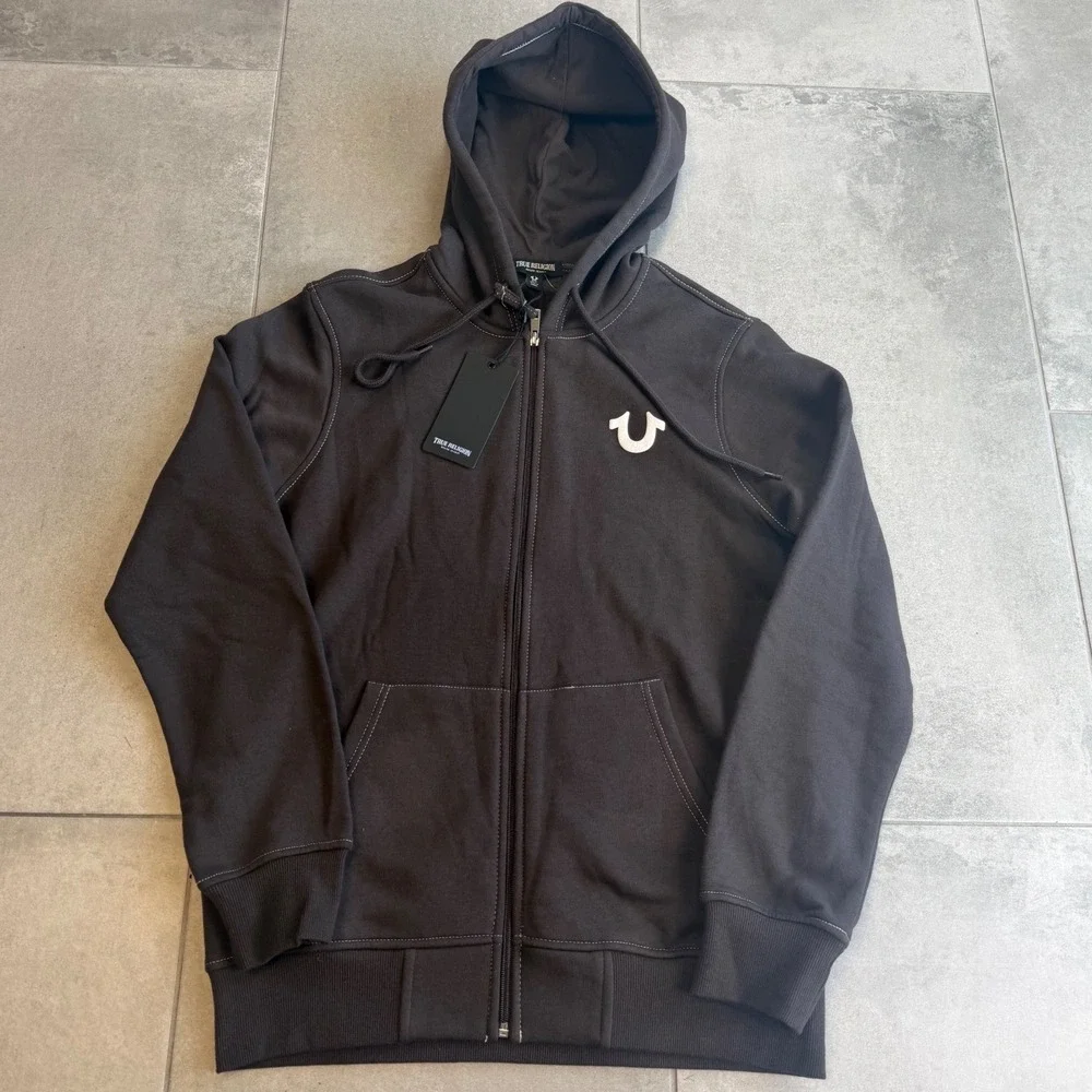 NWT True Religion Mens Buddha Logo Zip Up Hoodie Charcoal Brown Stitch S